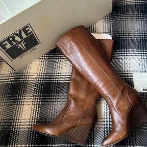 FRYE Regina wedge tall GENUINE LEATHER cognac 6.5 W boots